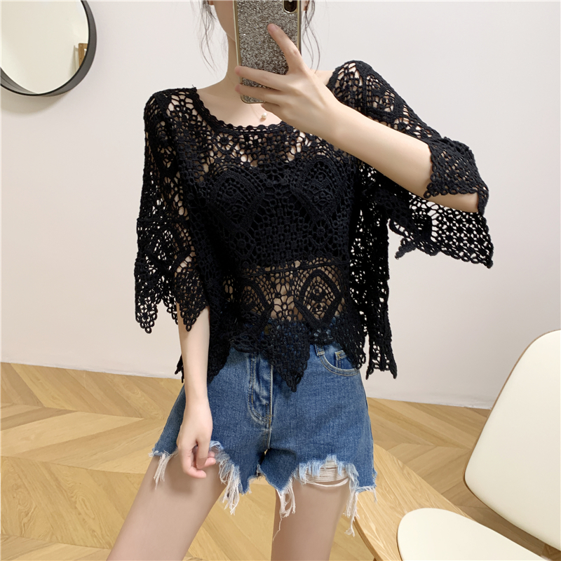 Lace Short-Sleeve Shawl Cover-Up Top for Women, Crochet Hollow-Out Blouse, Stylish Summer Knit Top with Skirt Lace Short-Sleeve Shawl Cover-Up Top for Women, Crochet Hollow-Out Blouse, Stylish Summer Knit Top with Skirt