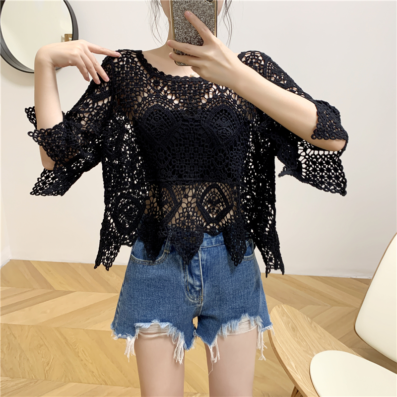 Lace Short-Sleeve Shawl Cover-Up Top for Women, Crochet Hollow-Out Blouse, Stylish Summer Knit Top with Skirt Lace Short-Sleeve Shawl Cover-Up Top for Women, Crochet Hollow-Out Blouse, Stylish Summer Knit Top with Skirt