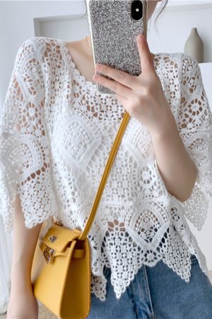 Lace Short-Sleeve Shawl Cover-Up Top for Women, Crochet Hollow-Out Blouse, Stylish Summer Knit Top with Skirt
