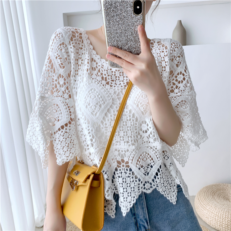 Lace Short-Sleeve Shawl Cover-Up Top for Women, Crochet Hollow-Out Blouse, Stylish Summer Knit Top with Skirt Lace Short-Sleeve Shawl Cover-Up Top for Women, Crochet Hollow-Out Blouse, Stylish Summer Knit Top with Skirt