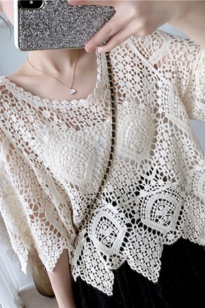 Lace Short-Sleeve Shawl Cover-Up Top for Women, Crochet Hollow-Out Blouse, Stylish Summer Knit Top with Skirt