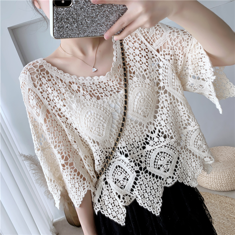 Lace Short-Sleeve Shawl Cover-Up Top for Women, Crochet Hollow-Out Blouse, Stylish Summer Knit Top with Skirt Lace Short-Sleeve Shawl Cover-Up Top for Women, Crochet Hollow-Out Blouse, Stylish Summer Knit Top with Skirt