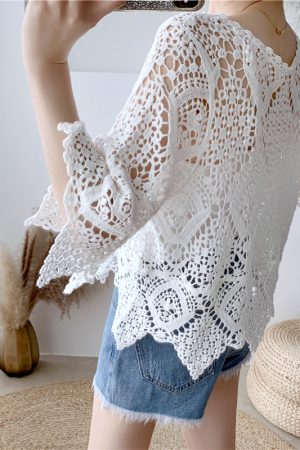 Lace Short-Sleeve Shawl Cover-Up Top for Women, Crochet Hollow-Out Blouse, Stylish Summer Knit Top with Skirt