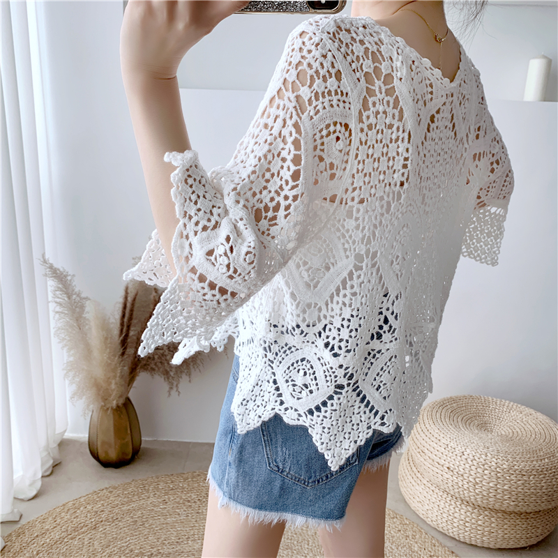 Lace Short-Sleeve Shawl Cover-Up Top for Women, Crochet Hollow-Out Blouse, Stylish Summer Knit Top with Skirt Lace Short-Sleeve Shawl Cover-Up Top for Women, Crochet Hollow-Out Blouse, Stylish Summer Knit Top with Skirt