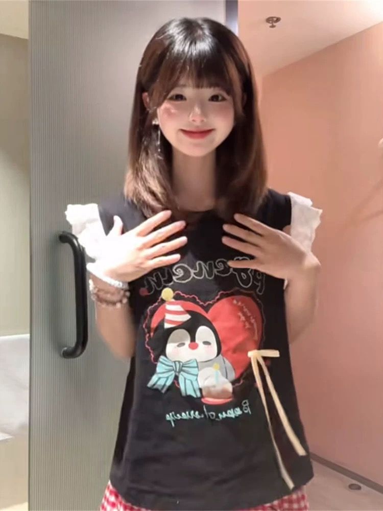 Lace Spliced Flutter Sleeve Bow Tie Vest T-Shirt for Women - Unique Shoulderless Summer Top Lace Spliced Flutter Sleeve Bow Tie Vest T-Shirt for Women - Unique Shoulderless Summer Top