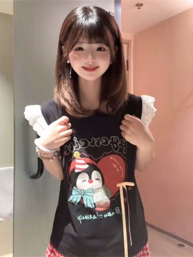 Lace Spliced Flutter Sleeve Bow Tie Vest T-Shirt for Women - Unique Shoulderless Summer Top Lace Spliced Flutter Sleeve Bow Tie Vest T-Shirt for Women - Unique Shoulderless Summer Top