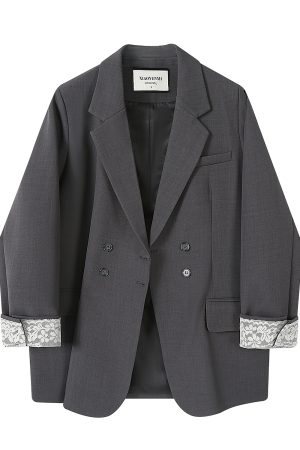 Lace Spliced Suit Jacket for Women - Spring 2025 Gray Blazer, Trendy 90s-Inspired Style for a Chic Look