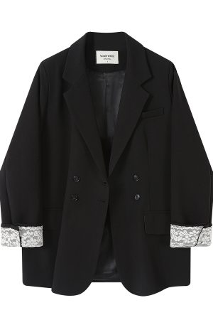 Lace Spliced Suit Jacket for Women - Spring 2025 Gray Blazer, Trendy 90s-Inspired Style for a Chic Look