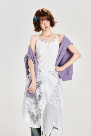 Lace Spliced White Camisole Dress with Layered Design and Matching Mid-Length Skirt - Girly Style, Perfect for Summer Events