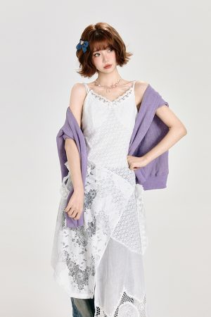 Lace Spliced White Camisole Dress with Layered Design and Matching Mid-Length Skirt - Girly Style, Perfect for Summer Events