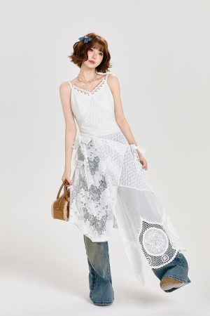 Lace Spliced White Camisole Dress with Layered Design and Matching Mid-Length Skirt - Girly Style, Perfect for Summer Events