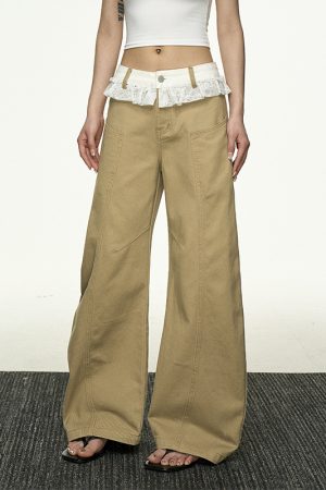 Lace Splicing Color-Blocking High-Waisted Casual Pants for Women - Summer Loose Slim Straight-Leg Versatile Wide-Leg Trousers