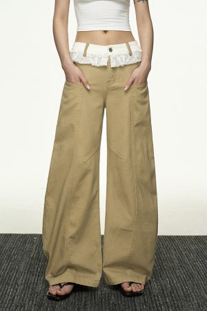 Lace Splicing Color-Blocking High-Waisted Casual Pants for Women - Summer Loose Slim Straight-Leg Versatile Wide-Leg Trousers