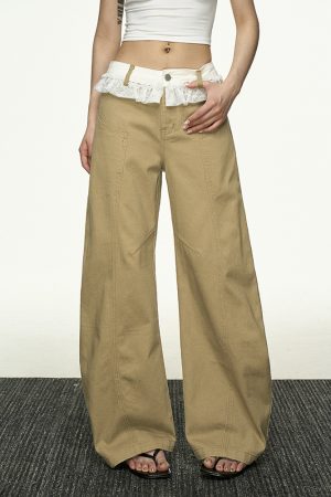 Lace Splicing Color-Blocking High-Waisted Casual Pants for Women - Summer Loose Slim Straight-Leg Versatile Wide-Leg Trousers