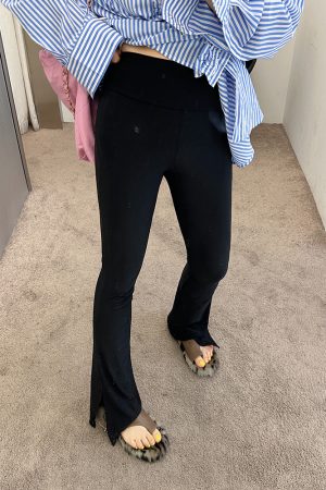 Lace Splicing High-Waisted Split Black Flared Pants for Women, Plus Size, Spring Summer Casual Fashion