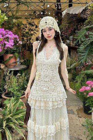 Lace Strap Knitted Hollow Vest Cover-Up with High-Waisted Lace Cake Skirt for Layering - Y2K Style Outerwear