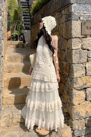 Lace Strap Knitted Hollow Vest Cover-Up with High-Waisted Lace Cake Skirt for Layering - Y2K Style Outerwear