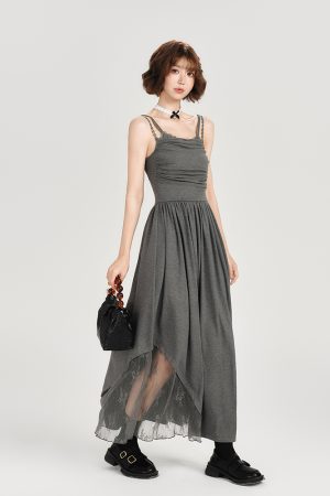 Lace-Trimmed Spicy Girl Camisole Dress for Women - Pleated Splicing, Slim-Fit, Mid-Length Summer Fashion in American Style