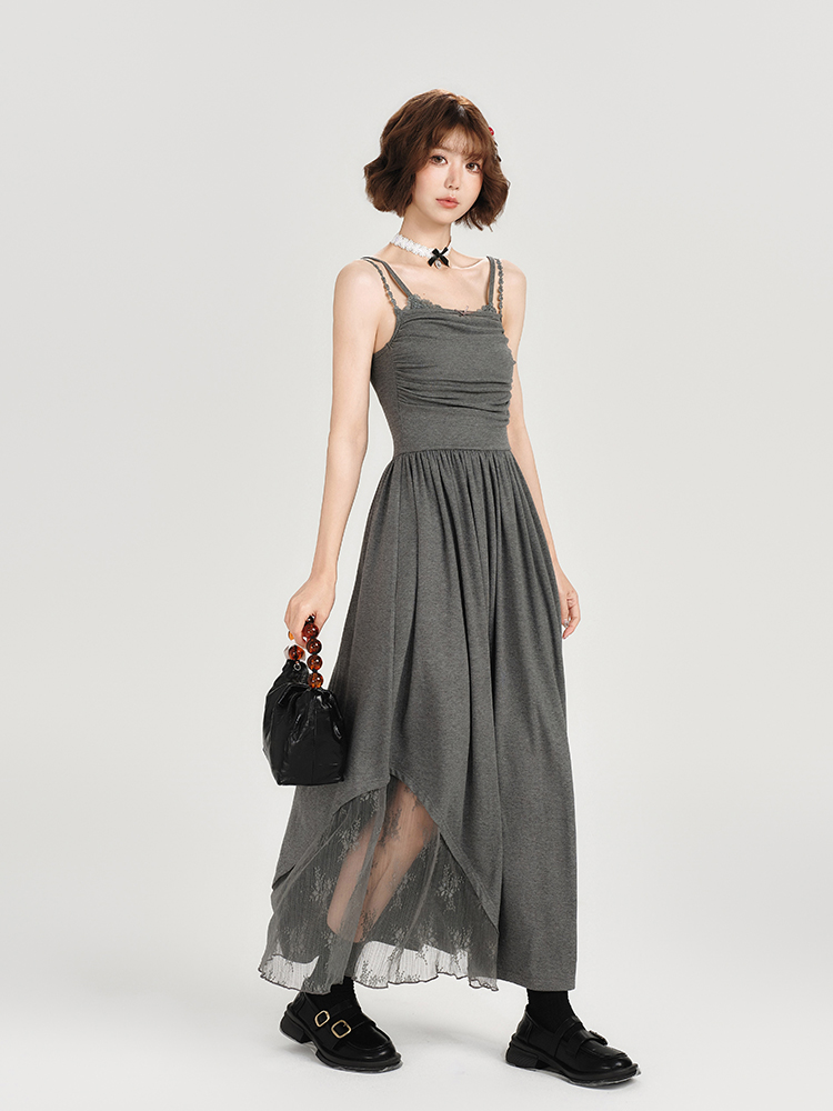 Lace-Trimmed Spicy Girl Camisole Dress for Women - Pleated Splicing, Slim-Fit, Mid-Length Summer Fashion in American Style Lace-Trimmed Spicy Girl Camisole Dress for Women - Pleated Splicing, Slim-Fit, Mid-Length Summer Fashion in American Style