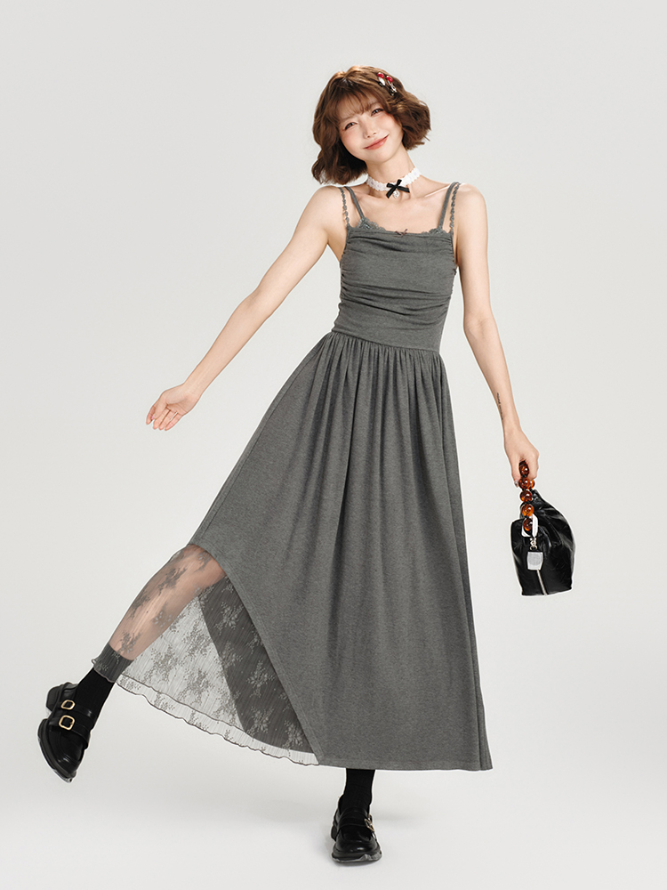 Lace-Trimmed Spicy Girl Camisole Dress for Women - Pleated Splicing, Slim-Fit, Mid-Length Summer Fashion in American Style Lace-Trimmed Spicy Girl Camisole Dress for Women - Pleated Splicing, Slim-Fit, Mid-Length Summer Fashion in American Style