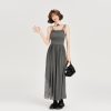 Lace-Trimmed Spicy Girl Camisole Dress for Women - Pleated Splicing, Slim-Fit, Mid-Length Summer Fashion in American Style