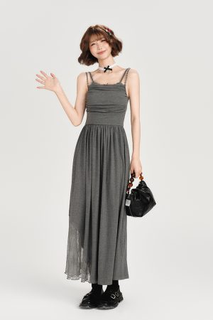 Lace-Trimmed Spicy Girl Camisole Dress for Women - Pleated Splicing, Slim-Fit, Mid-Length Summer Fashion in American Style