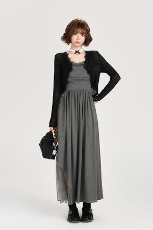 Lace-Trimmed Spicy Girl Camisole Dress for Women - Pleated Splicing, Slim-Fit, Mid-Length Summer Fashion in American Style