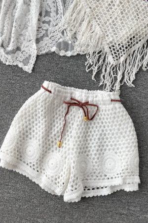 Lace-Up Beach Cardigan Cover-Up Set with Knitted Fringe, Sun Protection Swimsuit & Camisole Shorts for Vacation