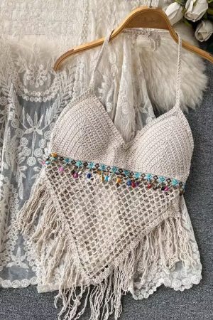 Lace-Up Beach Cardigan Cover-Up Set with Knitted Fringe, Sun Protection Swimsuit & Camisole Shorts for Vacation