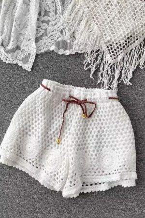 Lace-Up Beach Cardigan Cover-Up Set with Knitted Fringe, Sun Protection Swimsuit & Camisole Shorts for Vacation