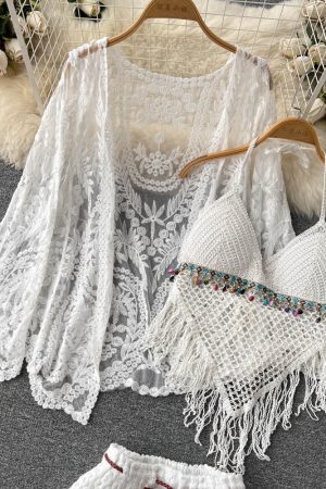 Lace-Up Beach Cardigan Cover-Up Set with Knitted Fringe, Sun Protection Swimsuit & Camisole Shorts for Vacation