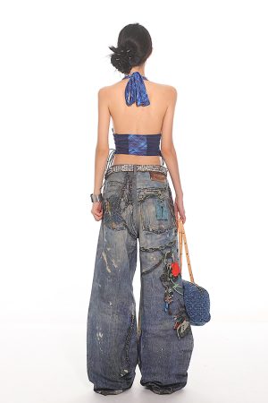 Lace-Up Blue Plaid College Tank Top for Women - 2025 Summer American Millennial Y2K Style