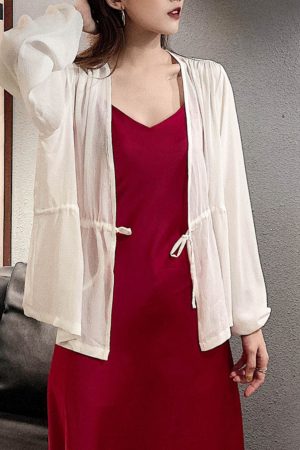 Lace-Up Lantern Sleeve Cardigan - Women's Chiffon Outerwear, V-Neck, Waist-Cinching Design for Spring/Summer 2025, Trendy Fashion Top