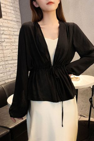 Lace-Up Lantern Sleeve Cardigan - Women's Chiffon Outerwear, V-Neck, Waist-Cinching Design for Spring/Summer 2025, Trendy Fashion Top