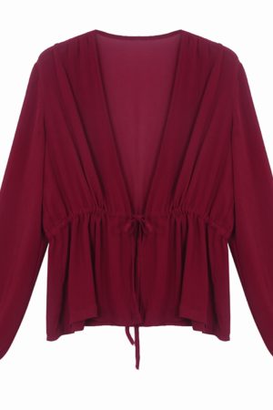 Lace-Up Lantern Sleeve Cardigan - Women's Chiffon Outerwear, V-Neck, Waist-Cinching Design for Spring/Summer 2025, Trendy Fashion Top