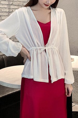 Lace-Up Lantern Sleeve Cardigan - Women's Chiffon Outerwear, V-Neck, Waist-Cinching Design for Spring/Summer 2025, Trendy Fashion Top