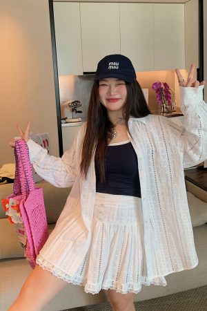 Lace-Up Shirt and Skirt Women's Set - Plus Size Summer 2025 Two-Piece Outfit in Trendy Korean Style