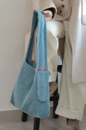 Lake Blue Corduroy Tote Bag - Large Capacity Crossbody Shoulder Bag for Commuters, Trendy Solid Color 2025 Design