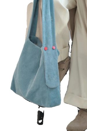 Lake Blue Corduroy Tote Bag - Large Capacity Crossbody Shoulder Bag for Commuters, Trendy Solid Color 2025 Design