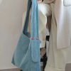 Lake Blue Corduroy Tote Bag - Large Capacity Crossbody Shoulder Bag for Commuters, Trendy Solid Color 2025 Design