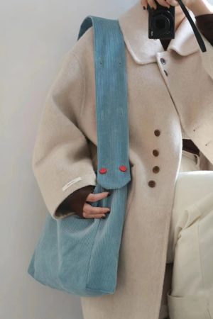 Lake Blue Corduroy Tote Bag - Large Capacity Crossbody Shoulder Bag for Commuters, Trendy Solid Color 2025 Design