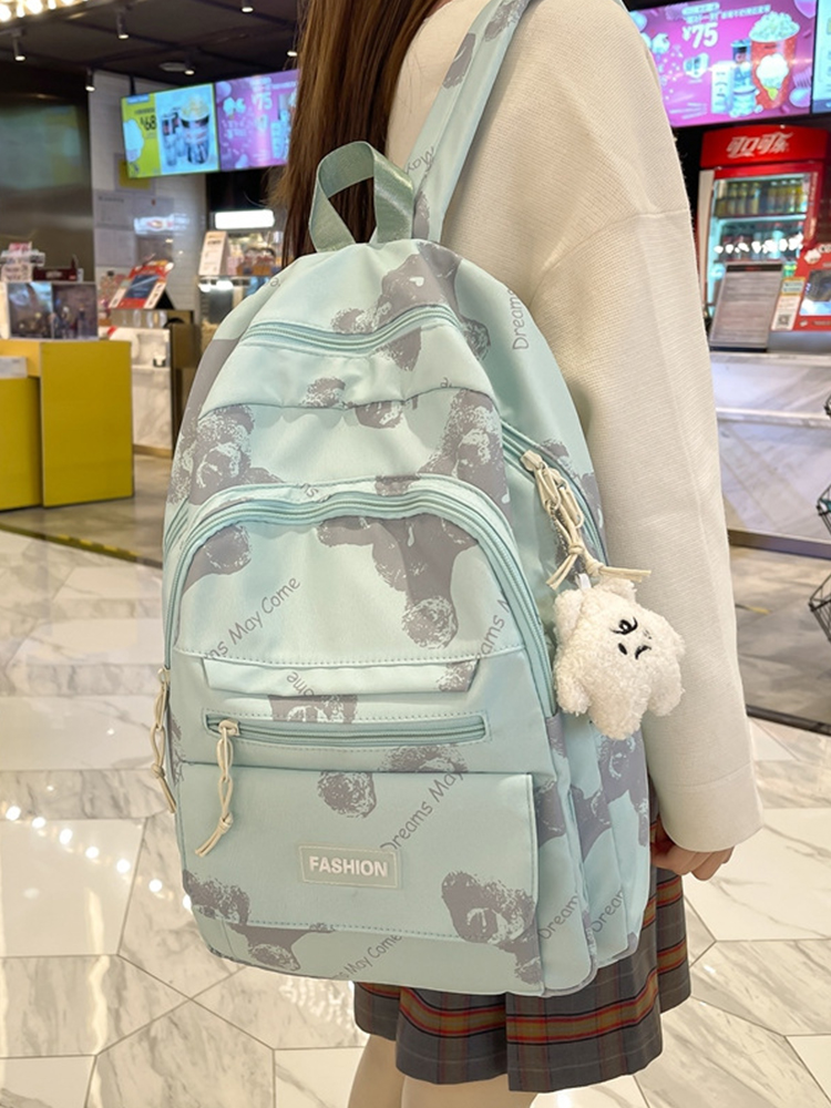 Large Capacity Bear Print Student Backpack for Girls, Sweet Ins Laptop Bag for Women, Trendy Korean Style Fashion Large Capacity Bear Print Student Backpack for Girls, Sweet Ins Laptop Bag for Women, Trendy Korean Style Fashion