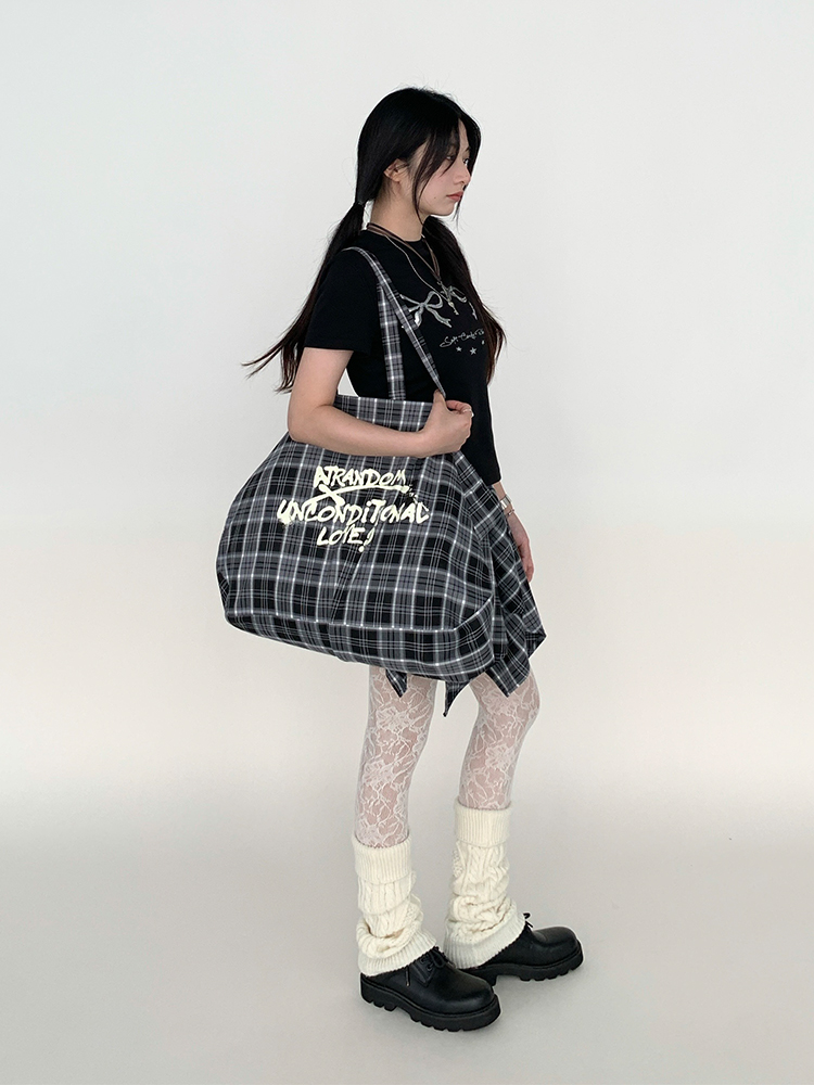 Large Capacity Black and White Checkered Graffiti Text Beach Shoulder Tote Bag - Trendy Y2K Style Large Capacity Black and White Checkered Graffiti Text Beach Shoulder Tote Bag - Trendy Y2K Style