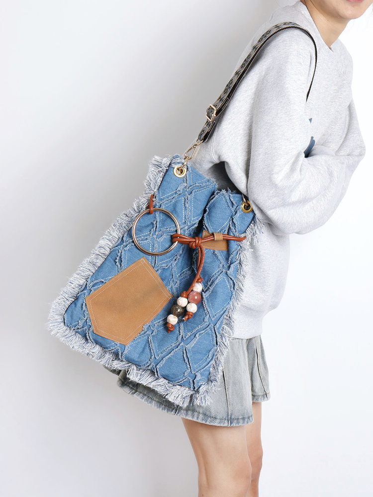 Large Capacity Bohemian Tassel Denim Bag - Ethnic Style Backpack, Crossbody & Shoulder Bag for Commuting & Travel Large Capacity Bohemian Tassel Denim Bag - Ethnic Style Backpack, Crossbody & Shoulder Bag for Commuting & Travel