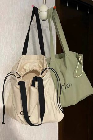 Large Capacity Canvas Drawstring Tote Bag for Commuting, Fresh Korean Style Minimalist Design with Letter Print