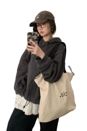 Large Capacity Canvas Drawstring Tote Bag for Commuting, Fresh Korean Style Minimalist Design with Letter Print