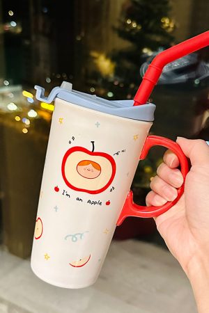 Large Capacity Ceramic Mug with Lid and Straw - Cute Summer Drinkware for Water, Coffee, and Iced Beverages