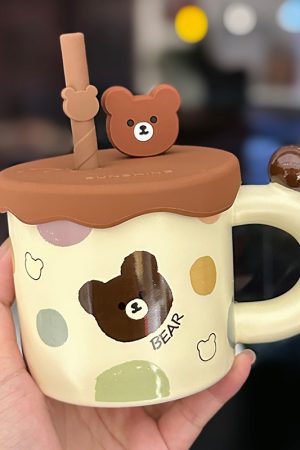 Large Capacity Ceramic Mug with Lid and Straw - Cute Summer Drinkware for Water, Coffee, and Iced Beverages