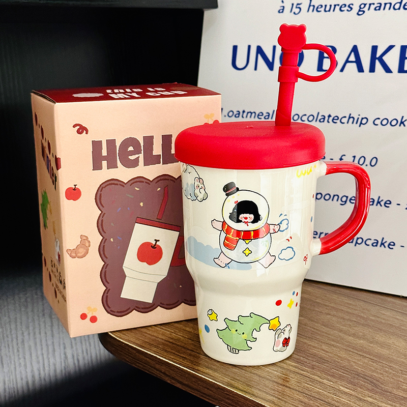 Large Capacity Ceramic Mug with Lid and Straw - Cute Summer Drinkware for Water, Coffee, and Iced Beverages Large Capacity Ceramic Mug with Lid and Straw - Cute Summer Drinkware for Water, Coffee, and Iced Beverages