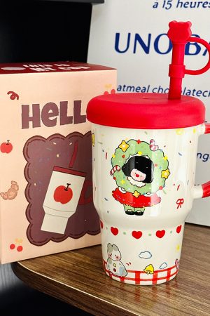Large Capacity Ceramic Mug with Lid and Straw - Cute Summer Drinkware for Water, Coffee, and Iced Beverages
